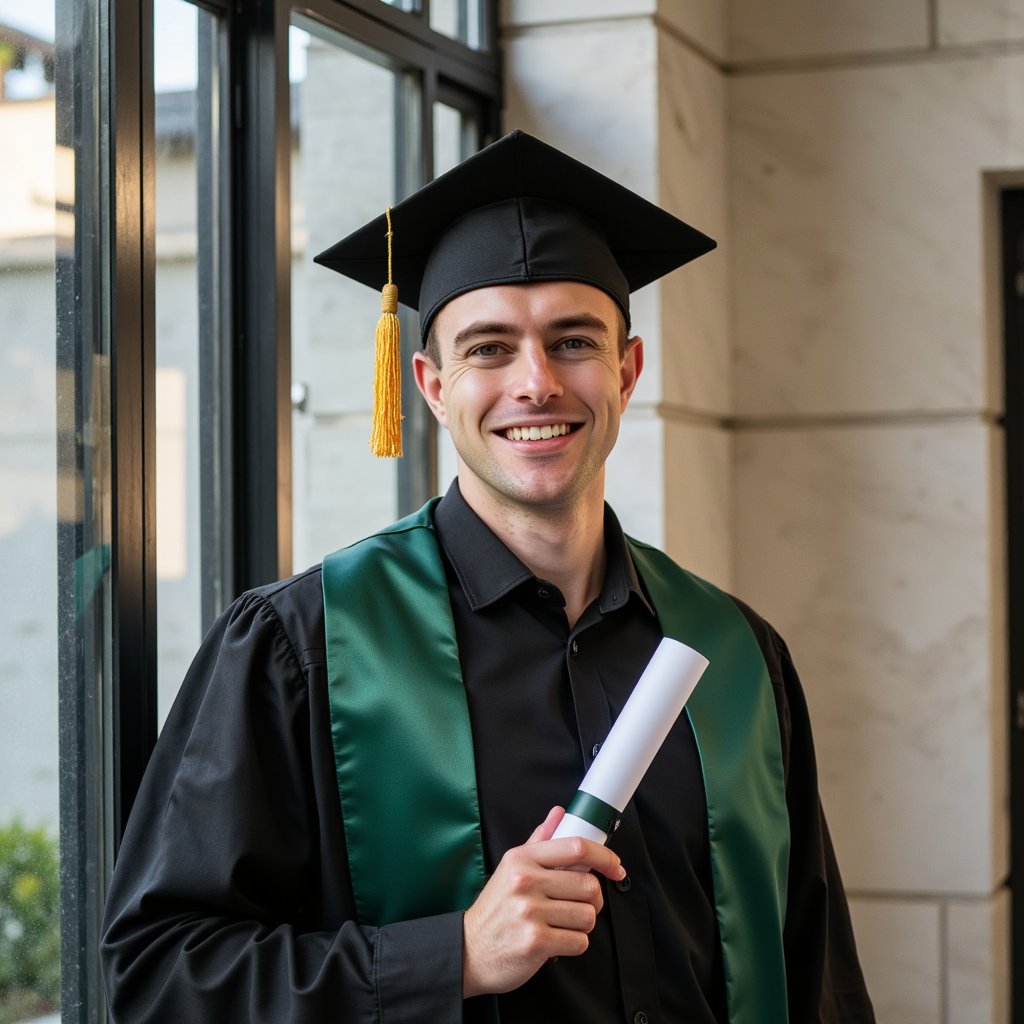 Head-and-shoulders portrait of a man graduate beside a large window casting soft diffused daylight; black gown with forest-green satin stole draped neatly; tight fade haircut, clean-shaven; serious but serene expression, chin slightly raised; camera at shoulder height for a parallel angle; 50 mm lens, f/1.8; lighting: side light from window, shadow fall-off on opposite cheek, catchlights clear; background: out-of-focus pale stone wall and subtle reflections; fabric rendering shows subtle stitching and light fall on the folds; high micro-contrast and clean tonal gradient; minimalist color palette, highly detailed, highly realistic, HDR effect emphasizing the calm moment.