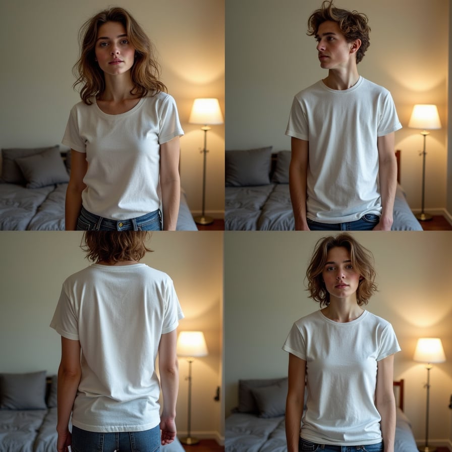 Collage of four portraits of the same person wearing the same T-shirt in the same bedroom, minimal variation