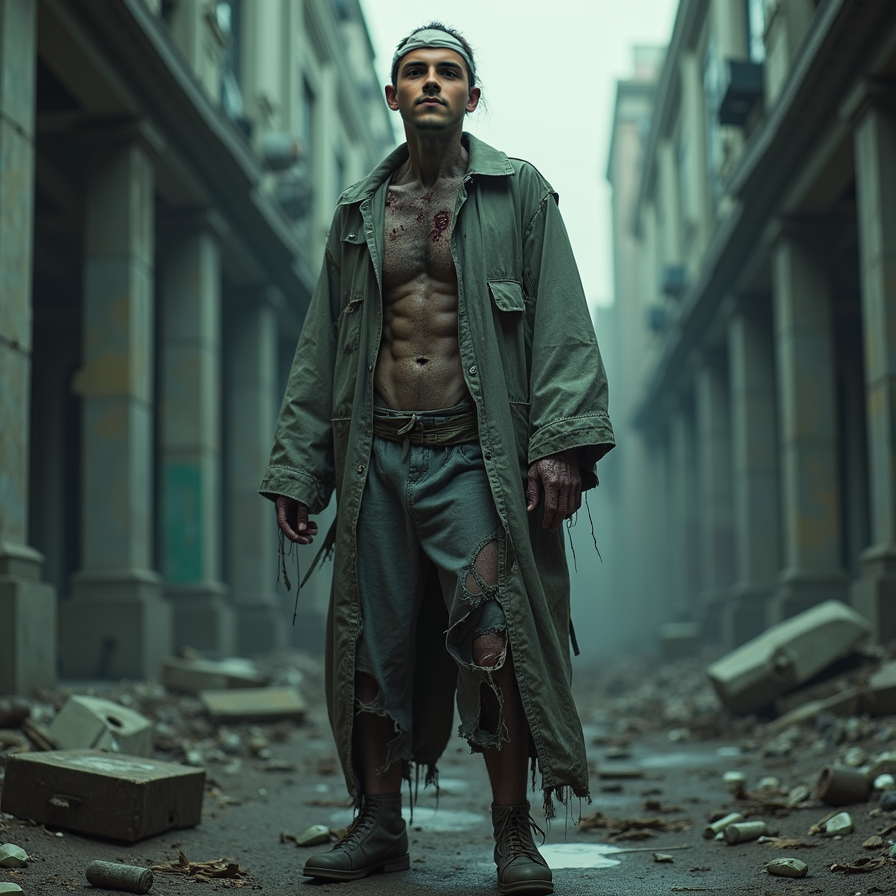 man in ripped and tattered clothing, eyes bloodshot and skin decaying, with eeri