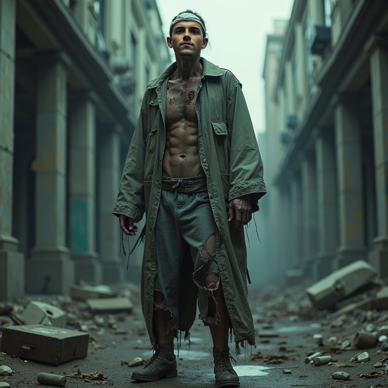 man in ripped and tattered clothing, eyes bloodshot and skin decaying, with eeri