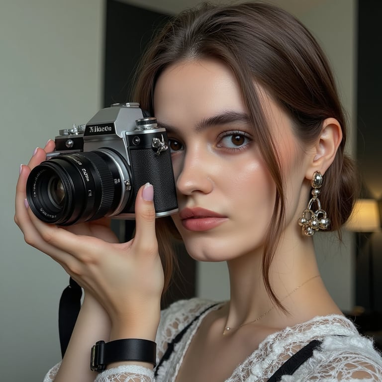 Bold close-up of a female photographer adjusting her lens, eyes focused, monochr