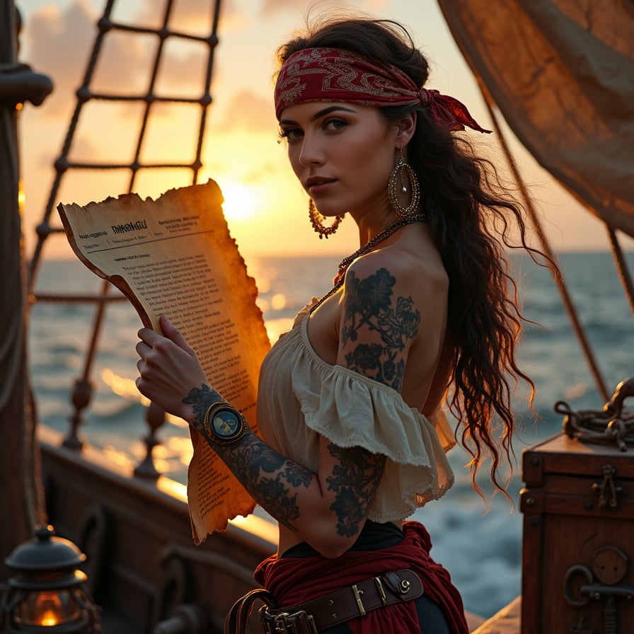 woman in pirate attire, holding a worn, yellowed treasure map, standing at the bow of a rustic, weathered pirate ship, surrounded by billowing sails and ropes, with a worn, leather-bound chest and a lantern nearby, under the warm, golden light of a tropical sunset.