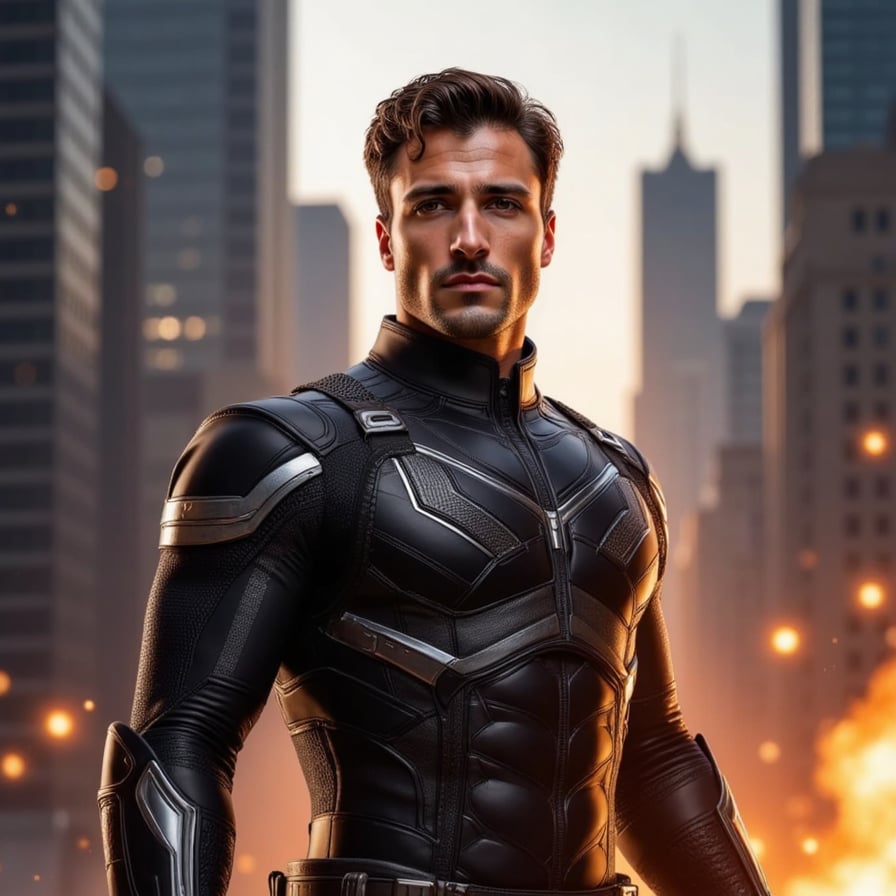 Modern male Avenger with tactical gear and reactive armor, backlit by explosions, ash particles in the air, determined eyes, stylized like a Marvel poster, photorealistic, cinematic lighting