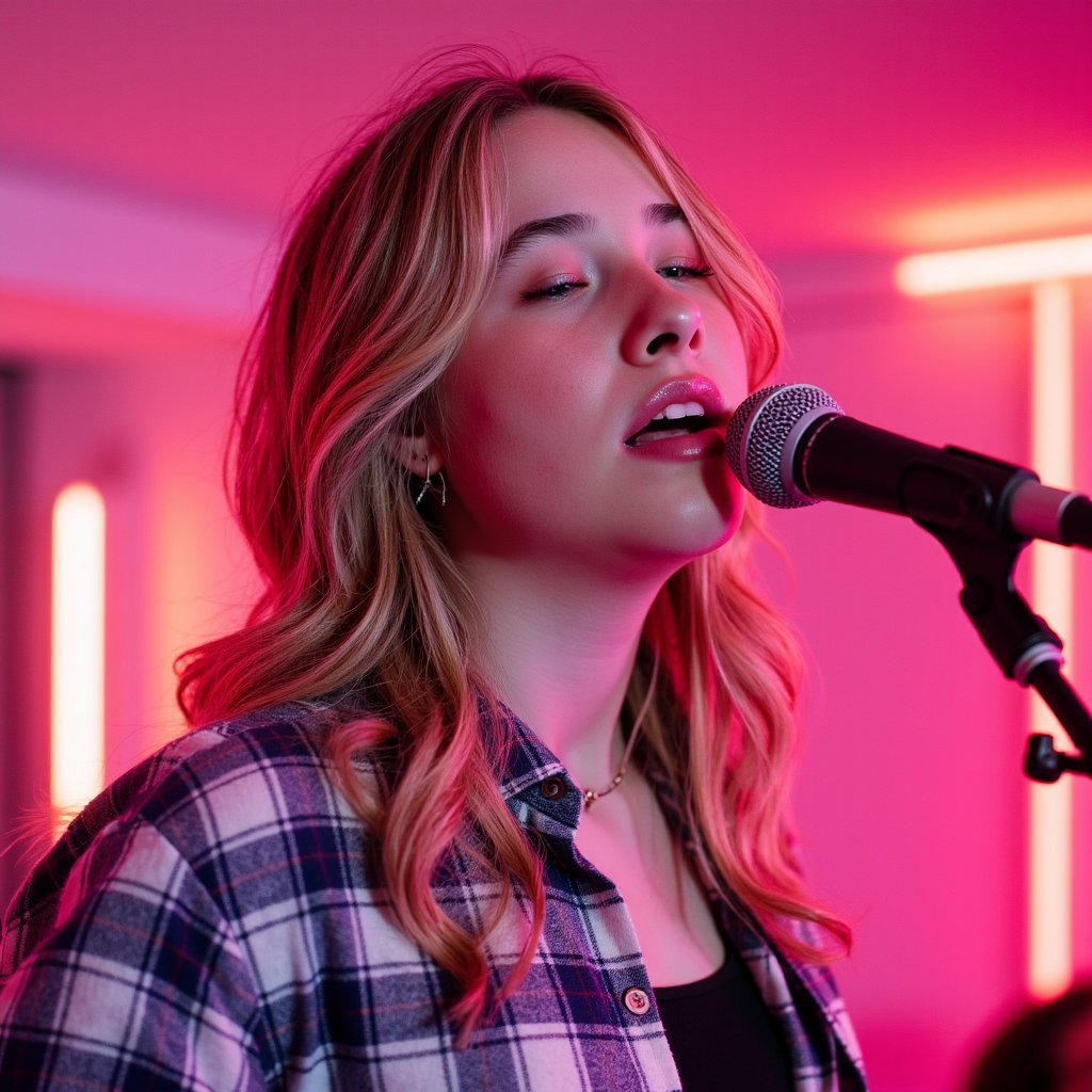 Portrait of an indie singer mid-song, eyes closed, gentle expression, soft stage spotlight on face, wearing plaid shirt with guitar strap visible — Ed Sheeran Play vibe