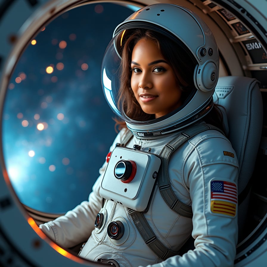 A striking image of a woman standing confidently, facing the camera with a cosmic scene behind her. She’s dressed in a futuristic, high-tech uniform with glowing accents. Her gaze is intense and determined, with stars, nebulae, and swirling galaxies filling the background, giving her an ethereal aura