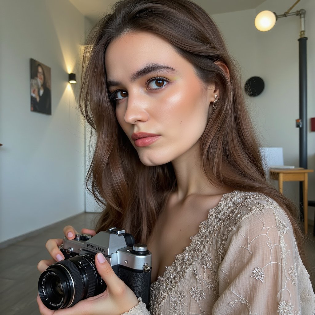 Portrait of a documentary-style photographer holding a camera with both hands, windblown hair, raw natural lighting, capturing the spirit of World Photography Day