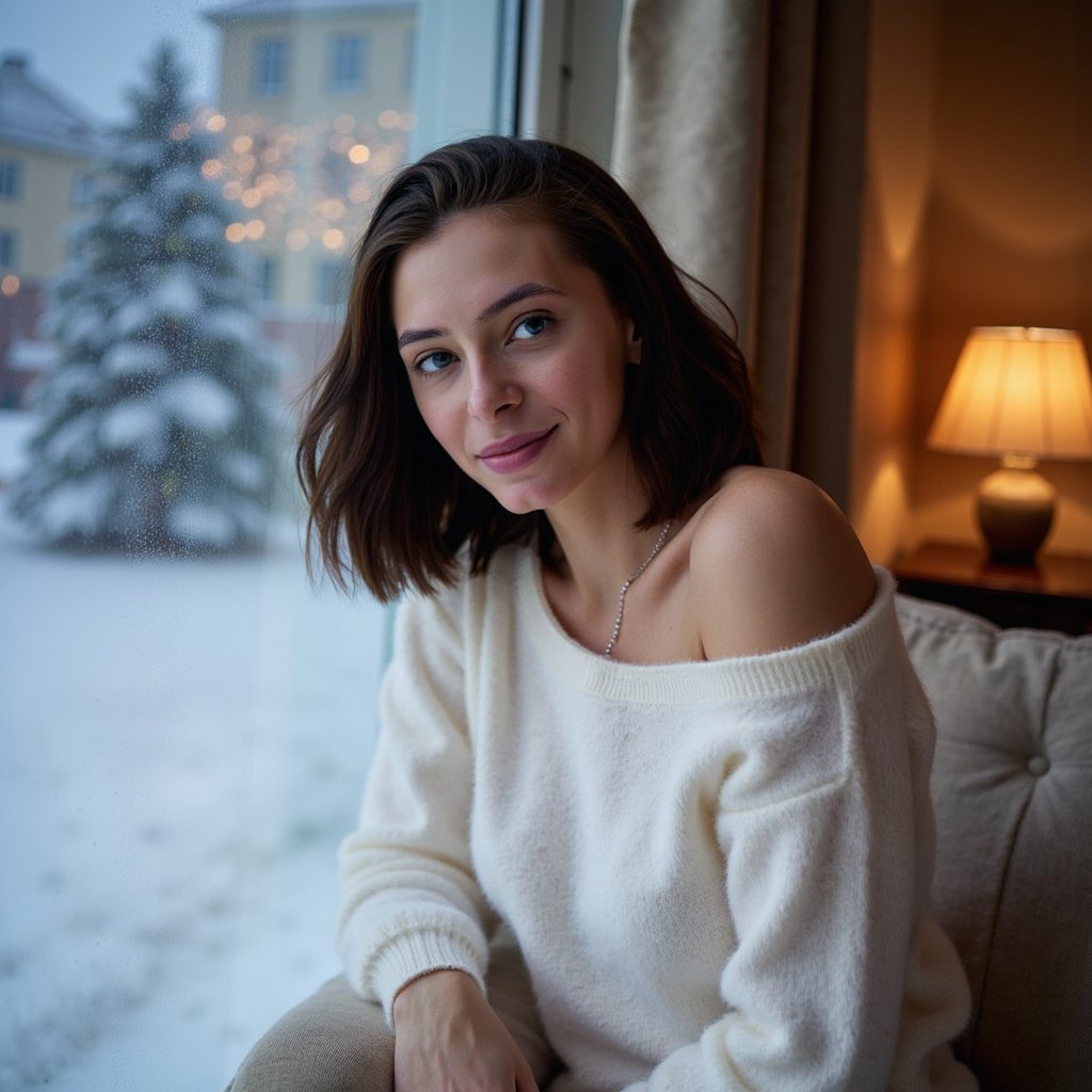 Headshot of a woman sitting beside a snow-frosted window, shoulders slightly angled away, head turned back toward the lens with a gentle soft-smile. She wears a white mohair sweater with fine fuzzy fibers visible and a thin silver chain. Hair: shoulder-length curls, slightly glossy, parted to one side. Makeup: soft berry lips, natural lashes, subtle winter flush on cheeks. Lighting: cool snow-reflected daylight from the window as the key light, with a warm bounce fill from camera-right to give a Christmas glow. Background: cold blue-white window frost with subtle bokeh from outdoor holiday lights; minimal indoor clutter. Camera: 85mm f/1.8, tight frame; highly realistic, highly detailed, HDR, sharp eye reflections and visible fabric texture; still, serene winter mood.