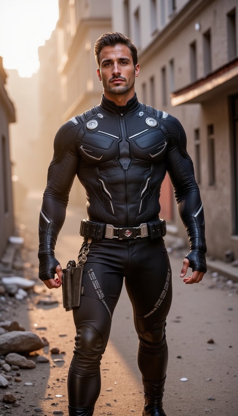 A male superhero stands among the rubble of a city street, dust swirling in the air, parts of his suit scratched and battle-worn. Flames flicker in the distance as the golden-hour light hits from the side, casting long shadows and capturing the quiet intensity after victory.
