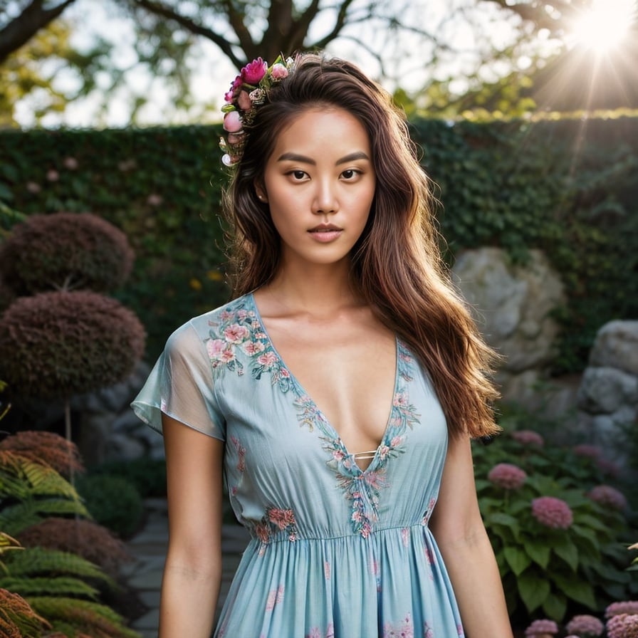 beautiful girl with flowers in her hair, adorned in a flowy, bohemian dress, under soft, warm sunlight in a lush garden background.