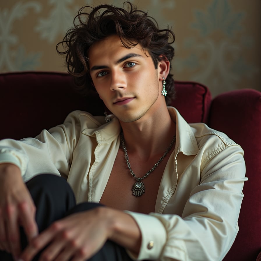 Pose: Sitting on a plush, velvet couch, with his legs curled up and his arms wrapped around his knees, as if lost in a daydream.
Expression: Wistful, with a hint of longing and a soft, dreamy gaze.
Clothing: A flowing, bohemian-inspired shirt with a loose, flowing design, evoking the feeling of a free-spirited artist.
Accessories: A pair of dangling earrings with small, sparkling stones, a delicate silver necklace, and a messy, undone hairstyle.
Background: A soft, dreamy background with a subtle gradient, evoking the feeling of a misty, moonlit night.