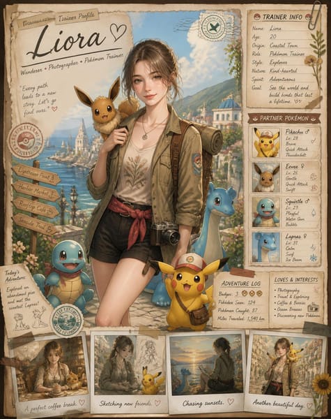 Use the uploaded reference image as the exact identity for the main trainer character. Preserve the person’s facial structure, hairstyle, skin tone, expression style, body type, and overall likeness while transforming them into a beautifully illustrated anime-inspired Pokémon trainer poster in a nostalgic adventure-journal aesthetic.

Create a full highly detailed vertical composition designed like a handcrafted Pokémon trainer profile scrapbook page mixed with vintage travel journal art and official Pokémon concept artwork. The final image should feel like a premium collector’s character profile card from a cozy fantasy Pokémon world.

STYLE & ART DIRECTION:

Soft painterly anime illustration
Pokémon official artwork inspired rendering
Hand-painted watercolor + ink line aesthetic
Warm nostalgic storybook tones
Detailed environmental storytelling
Vintage paper textures, taped notes, stickers, stamps, handwritten annotations
Ghibli-like warmth mixed with modern Pokémon promotional art
Extremely detailed but visually clean composition
Rich adventure atmosphere
Cozy slice-of-life fantasy mood
Soft sunlight and cinematic environmental lighting
Highly expressive but natural posing

MAIN CHARACTER:
Transform the reference person into a Pokémon trainer adventurer/traveler while keeping the exact likeness recognizable.

Casual layered adventure outfit
Stylish jacket over graphic shirt
Backpack with travel accessories
Camera hanging from shoulder or neck
Relaxed friendly pose
Confident warm smile
Anime stylization while preserving identity
Slight windswept hair
Natural anatomy and proportions
Fashionable modern Pokémon trainer aesthetic

COMPOSITION:
The page should be designed like a complete trainer profile sheet.

Include:

Large central full-body illustration of the trainer
Multiple Pokémon surrounding the character naturally
Decorative trainer information panels
Vintage scrapbook borders
Handwritten notes and adventure annotations
Polaroid-style snapshots around the edges
Pokémon team cards on one side
Small travel sketches and doodles
Decorative stamps, clips, tape pieces, map textures
Notebook/journal design language
Soft aged parchment paper background
Tiny environmental storytelling details everywhere

BACKGROUND:
Create a beautiful coastal fantasy Pokémon town inspired by:

Mediterranean harbor scenery
Blue ocean water
Sunny skies
Stone buildings
Adventure-world atmosphere
Peaceful vacation vibe
Pokémon-world architecture
Lush greenery and flowers
Soft clouds and distant mountains

POKÉMON INTERACTION:
The Pokémon should interact naturally with the trainer:

Sitting beside them
Looking at camera
Resting on shoulder
Playing around feet
Dynamic but cozy interaction
Natural emotional chemistry

LAYOUT DETAILS:
Top section:

Large handwritten trainer name
“Trainer Profile” heading
Decorative paper labels

Right-side panel:

Character bio stats
Adventure information
Personality traits
Journey notes
Favorite things
Pokémon seen/caught stats

Bottom section:

Small cinematic snapshot panels
Slice-of-life moments
Coffee shop scene
Sketching Pokémon
Watching sunset
Training together
Quiet emotional travel moments

VISUAL QUALITY:

Ultra detailed
Sharp illustration quality
Professional anime poster composition
Dense layered details
Rich textures
High visual readability
Premium collectible card feel
Beautiful typography integration
Magical cozy fantasy atmosphere
Balanced composition with no clutter

COLOR PALETTE:

Warm beige paper tones
Ocean blues
Soft greens
Warm sunlight golds
Natural earthy colors
Slight vintage fading

NEGATIVE PROMPTS:
low detail, bad anatomy, distorted face, extra limbs, messy composition, blurry text, photorealism, 3D render, low quality anime, oversaturated colors, ugly hands, random Pokémon placement, chaotic layout, modern UI elements, futuristic sci-fi style, dark horror mood, cluttered design, inaccurate facial likeness, stiff pose, flat lighting, generic character design.
