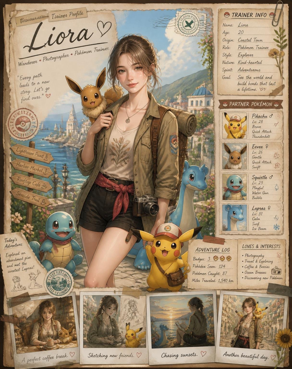 Use the uploaded reference image as the exact identity for the main trainer character. Preserve the person’s facial structure, hairstyle, skin tone, expression style, body type, and overall likeness while transforming them into a beautifully illustrated anime-inspired Pokémon trainer poster in a nostalgic adventure-journal aesthetic.

Create a full highly detailed vertical composition designed like a handcrafted Pokémon trainer profile scrapbook page mixed with vintage travel journal art and official Pokémon concept artwork. The final image should feel like a premium collector’s character profile card from a cozy fantasy Pokémon world.

STYLE & ART DIRECTION:

Soft painterly anime illustration
Pokémon official artwork inspired rendering
Hand-painted watercolor + ink line aesthetic
Warm nostalgic storybook tones
Detailed environmental storytelling
Vintage paper textures, taped notes, stickers, stamps, handwritten annotations
Ghibli-like warmth mixed with modern Pokémon promotional art
Extremely detailed but visually clean composition
Rich adventure atmosphere
Cozy slice-of-life fantasy mood
Soft sunlight and cinematic environmental lighting
Highly expressive but natural posing

MAIN CHARACTER:
Transform the reference person into a Pokémon trainer adventurer/traveler while keeping the exact likeness recognizable.

Casual layered adventure outfit
Stylish jacket over graphic shirt
Backpack with travel accessories
Camera hanging from shoulder or neck
Relaxed friendly pose
Confident warm smile
Anime stylization while preserving identity
Slight windswept hair
Natural anatomy and proportions
Fashionable modern Pokémon trainer aesthetic

COMPOSITION:
The page should be designed like a complete trainer profile sheet.

Include:

Large central full-body illustration of the trainer
Multiple Pokémon surrounding the character naturally
Decorative trainer information panels
Vintage scrapbook borders
Handwritten notes and adventure annotations
Polaroid-style snapshots around the edges
Pokémon team cards on one side
Small travel sketches and doodles
Decorative stamps, clips, tape pieces, map textures
Notebook/journal design language
Soft aged parchment paper background
Tiny environmental storytelling details everywhere

BACKGROUND:
Create a beautiful coastal fantasy Pokémon town inspired by:

Mediterranean harbor scenery
Blue ocean water
Sunny skies
Stone buildings
Adventure-world atmosphere
Peaceful vacation vibe
Pokémon-world architecture
Lush greenery and flowers
Soft clouds and distant mountains

POKÉMON INTERACTION:
The Pokémon should interact naturally with the trainer:

Sitting beside them
Looking at camera
Resting on shoulder
Playing around feet
Dynamic but cozy interaction
Natural emotional chemistry

LAYOUT DETAILS:
Top section:

Large handwritten trainer name
“Trainer Profile” heading
Decorative paper labels

Right-side panel:

Character bio stats
Adventure information
Personality traits
Journey notes
Favorite things
Pokémon seen/caught stats

Bottom section:

Small cinematic snapshot panels
Slice-of-life moments
Coffee shop scene
Sketching Pokémon
Watching sunset
Training together
Quiet emotional travel moments

VISUAL QUALITY:

Ultra detailed
Sharp illustration quality
Professional anime poster composition
Dense layered details
Rich textures
High visual readability
Premium collectible card feel
Beautiful typography integration
Magical cozy fantasy atmosphere
Balanced composition with no clutter

COLOR PALETTE:

Warm beige paper tones
Ocean blues
Soft greens
Warm sunlight golds
Natural earthy colors
Slight vintage fading

NEGATIVE PROMPTS:
low detail, bad anatomy, distorted face, extra limbs, messy composition, blurry text, photorealism, 3D render, low quality anime, oversaturated colors, ugly hands, random Pokémon placement, chaotic layout, modern UI elements, futuristic sci-fi style, dark horror mood, cluttered design, inaccurate facial likeness, stiff pose, flat lighting, generic character design.