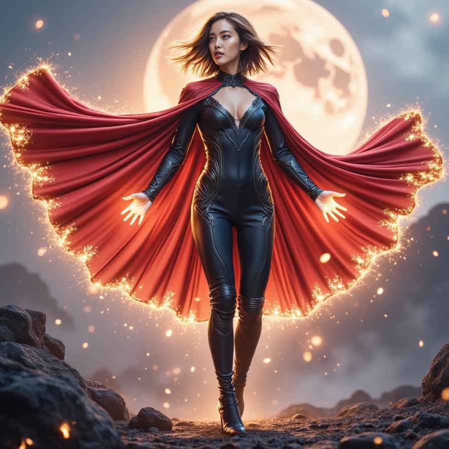 Queen-like female Avenger with regal tech-suit, radiant cape flowing in solar winds, floating mid-air with hands glowing, planetary battlefield behind, dynamic lighting, hyperrealistic render