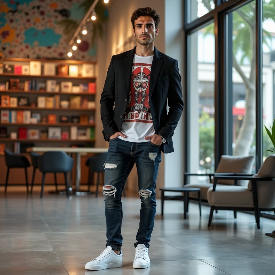 Here is a prompt for a trendy outfit:

"Man wearing a trendy outfit, consisting of a bold graphic t-shirt, distressed denim jeans, and sleek white sneakers, posing confidently against a vibrant urban backdrop, with a modern cityscape in the background, surrounded by trendy street art and eclectic shops, capturing the essence of youthfulness and style"