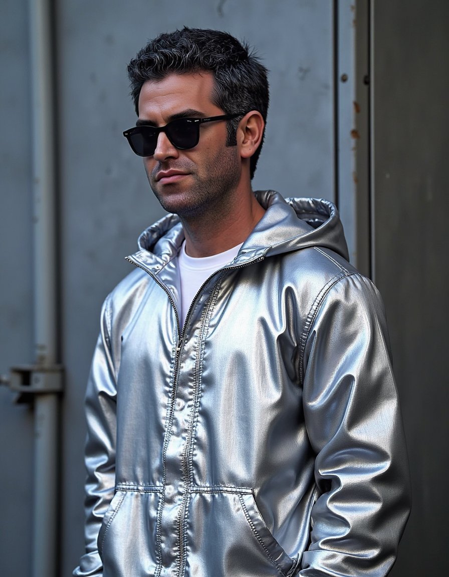 Knee-up shot of a fashion-forward male model wearing reflective streetwear jacket and thin black sunglasses. Standing with hands loosely by sides, body angled slightly. Background: solid metal industrial wall, blurred softly. Harsh side lighting. Hyperrealistic reflective clothing texture and facial detailing.