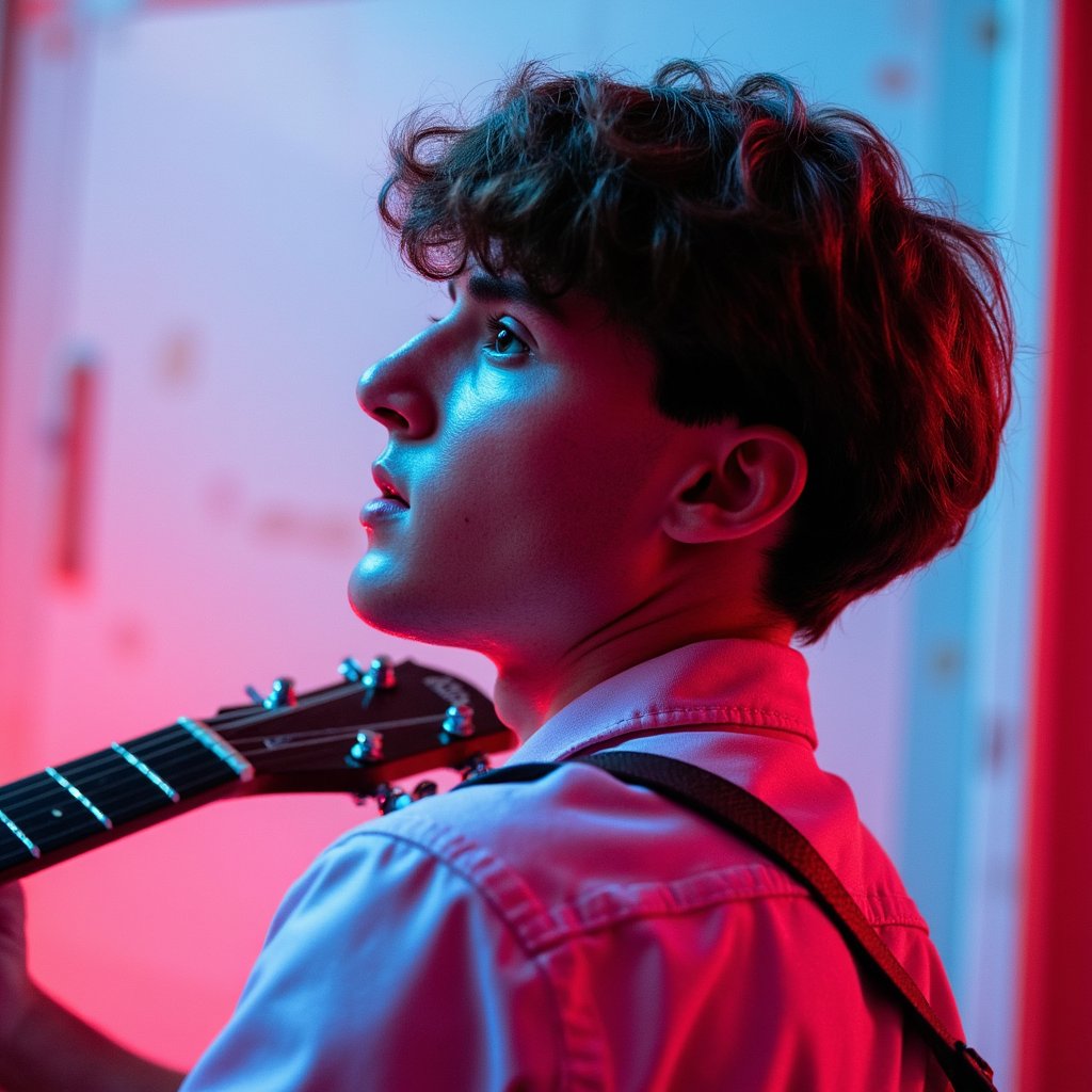 Side-profile headshot of a thoughtful musician with a guitar resting on shoulder, soft overhead spotlight, introspective vibe like a quiet rehearsal before going on stage