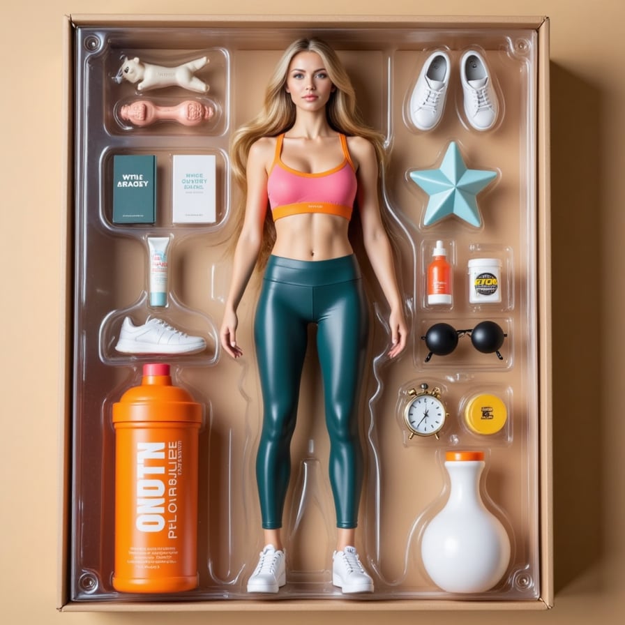 Decked in bold-colored gym wear, this figure strikes a power pose next to a set of dumbbells, protein shaker, smartwatch, and motivational quotes.