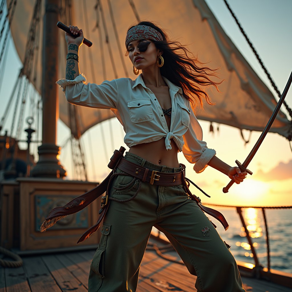 woman wielding a sword in a powerful, dynamic pose, dressed in rugged pirate attire with a flowing white shirt, billowy pants, and a wide leather belt, standing on the deck of a weathered pirate ship with tattered sails and a worn wooden hull, under the warm glow of a sunset with a hint of mist in the background, surrounded by ropes, anchors, and other nautical elements, with a sense of freedom and adventure.
