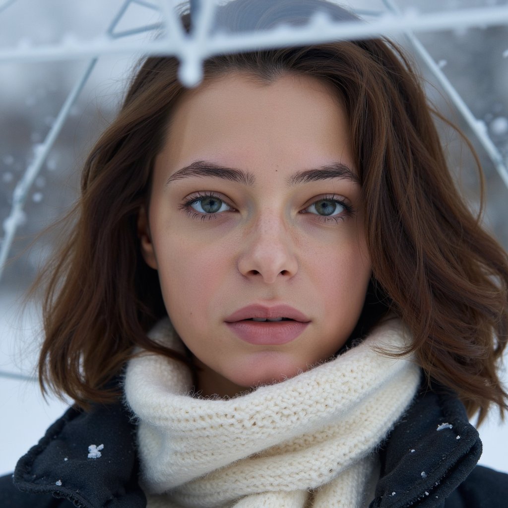 A highly realistic, highly detailed, HDR winter headshot of a woman standing outdoors during soft snowfall, holding a transparent umbrella slightly above her head. Camera angle: eye-level. She has light brown wavy hair, a cream knit scarf, and a dark wool winter coat with clearly visible fabric texture. Tiny photorealistic snowflakes rest on her lashes and scarf. Lighting: soft diffused cloudy daylight. Background is a minimal, blurred snowy park with shallow depth of field and clean bokeh snowflakes. Ultra-detailed skin texture, winter flush on cheeks, crisp cold-weather atmosphere.