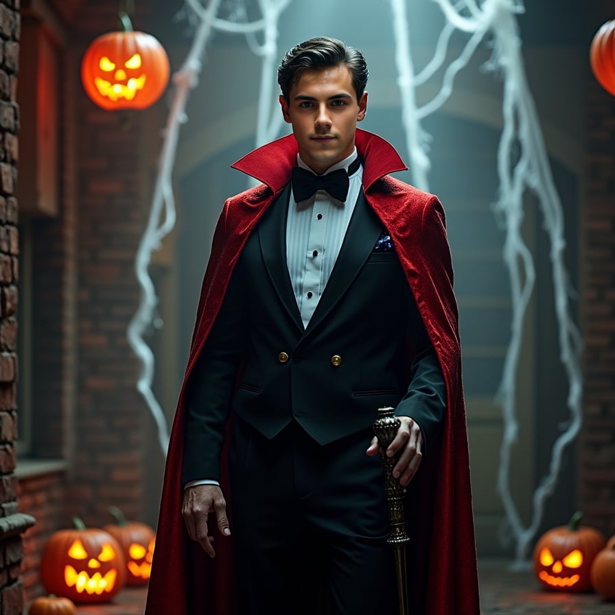 Dracula-inspired man, eerie backdrop, black suit, red cape.