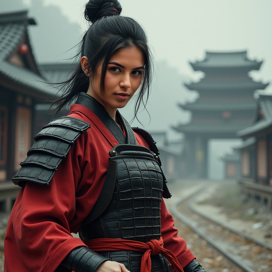 woman in traditional samurai attire, consisting of a hakama and kimono, with a bold, determined expression, sans helmet, posed in a powerful stance, surrounded by a misty, atmospheric background with subtle hints of Japanese architecture.