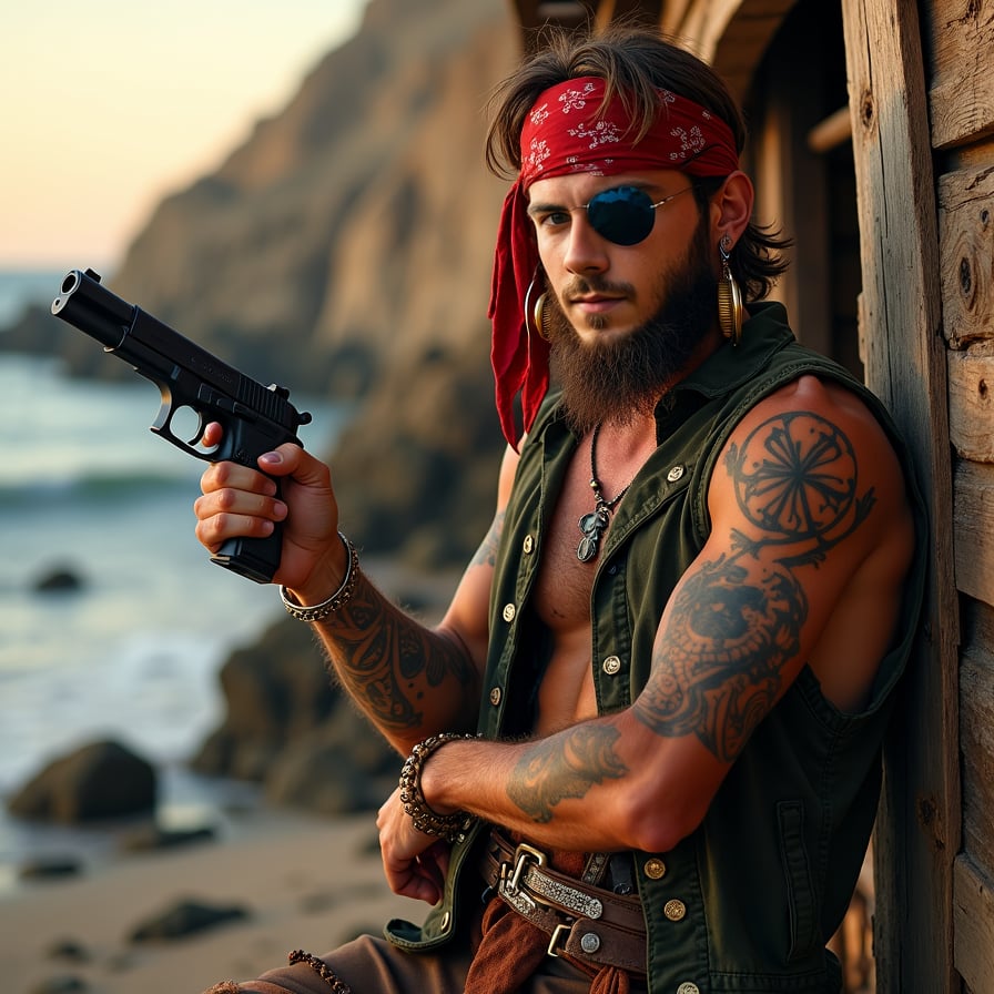man in rugged pirate outfit, holding a pistol, with a bandana and eye patch, posed against a worn wooden shipwreck background, golden hour lighting,with a distant ocean view, captivating a sense of swashbuckling adventure.