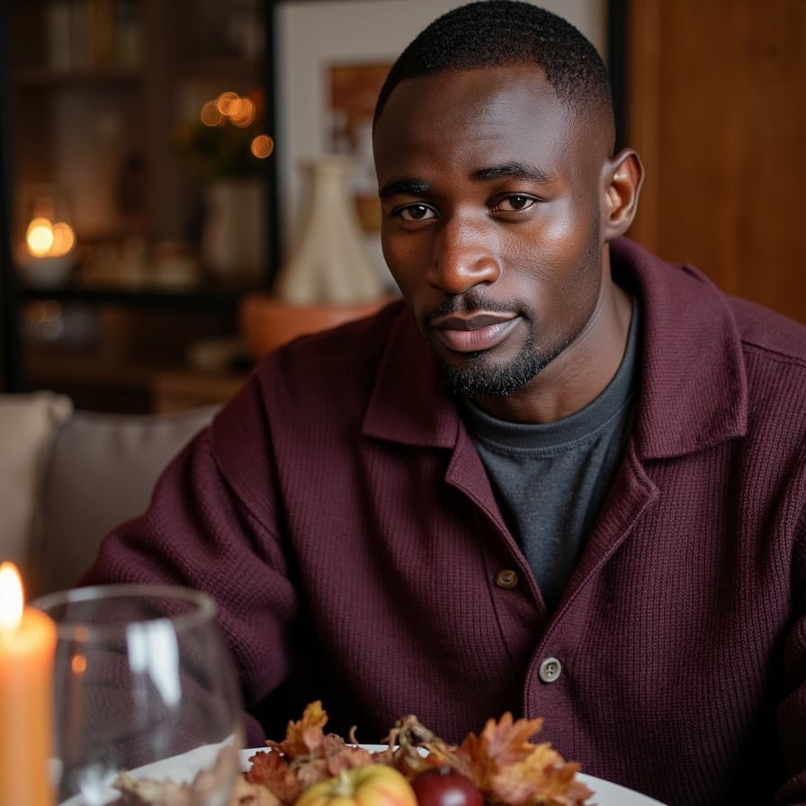 Hyperrealistic, highly detailed, HDR waist-up portrait of a man (male, ~40 yrs) indoors in a warmly lit dining space. Camera eye-level, straight-on. He wears a deep charcoal henley layered under a dark maroon wool cardigan with button detail. Short dark hair with a few silver strands, neatly styled. Background softly blurred: dark wood panels and subtle candle bokeh, faint reflections on glassware. Lighting warm and directional — candlelight from lower left adds gentle upward highlights on his face and collarbones. Visible details: fine beard texture, micro-shadows across the face, sweater’s dense weave, reflections in eyes. Mood cinematic, intimate Thanksgiving warmth. HDR, high resolution, high quality, highly detailed, photorealistic.