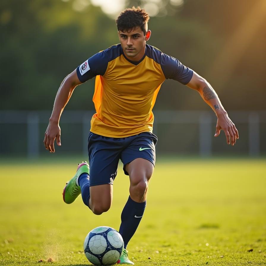 Athletic man in action, soccer jersey, green field, sunlight.