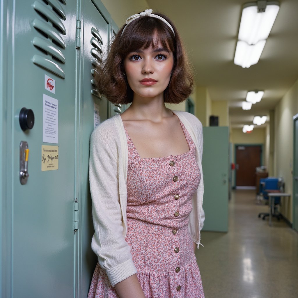 Realistic 1960s hallway portrait of a teen girl leaning into her locker with a relaxed smile, captured with a 28mm lens for subtle environment distortion. She wears a short-sleeved knee-length cotton dress in a floral pattern of pink and white, with a cinched waist and decorative buttons down the front. Fabric creases realistically at her bent elbow and side. A white cardigan hangs loosely over her shoulders, its thin knit revealing faint pilling at the cuffs and fine ribbing near the neckline. Her hair is styled in a curled bob with a small fabric headband, bangs trimmed straight across the forehead. Her cheeks show dimples as she smiles, lips with a slight gloss. Skin texture includes faint under-eye shadows and a soft flush. Light from a high overhead fluorescent casts a natural downward gradient, making the contours of her face more defined. Lockers behind her are painted faded mint green, with scuff marks, stickers, and light reflections blurred into an abstract wash.