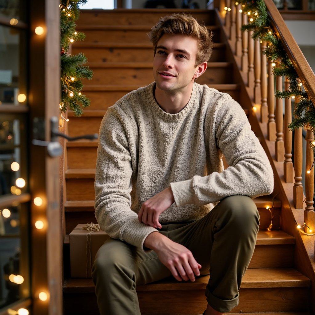 slightly high angle, close up of a man sitting on a wooden staircase decorated with simple christmas garland and subtle string lights along the railing. he wears a casual knit sweater with chinos, one elbow resting on a step behind him as he looks up toward the camera with a relaxed, thoughtful expression. a single opened gift box sits on a lower step, suggesting a quiet break during festivities. the lights along the railing create soft, warm reflections on the wood and gentle highlights in his hair, while the background fades into soft shadow to keep focus on him. the palette stays warm and inviting with just a faint suggestion of cooler tones from a distant window or hallway. cinematic staircase framing, ultra-detailed textures in wood, fabric, and skin, highly realistic, hdr.