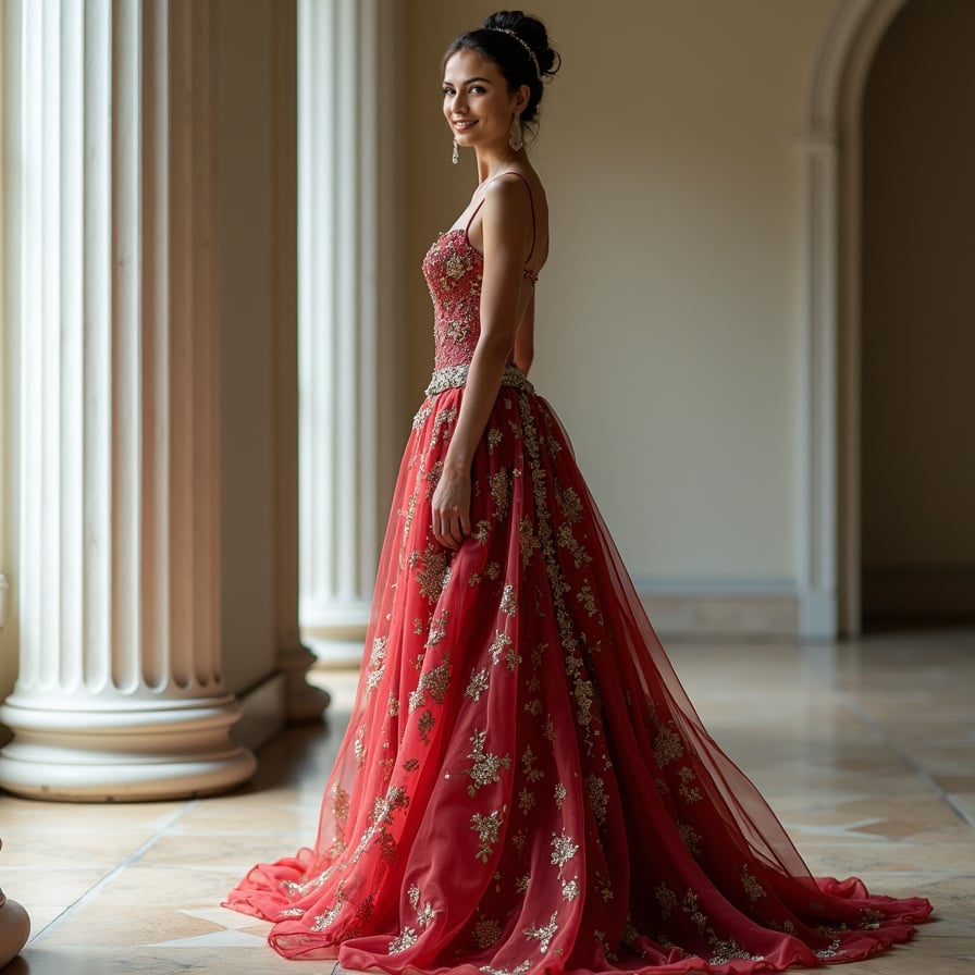 Royalty Inspired: The model is dressed in regal attire, such as a majestic gown or a sophisticated suit, with intricate accessories. She poses in a grand, historical setting, like a palace or a stately home, embodying the elegance and poise of royalty.