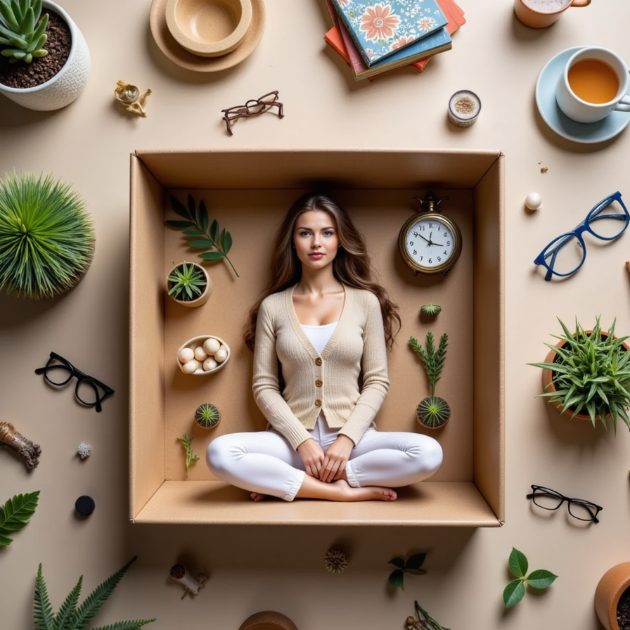 Woman sitting cross-legged in the box, cozy cardigan, surrounded by plants, book