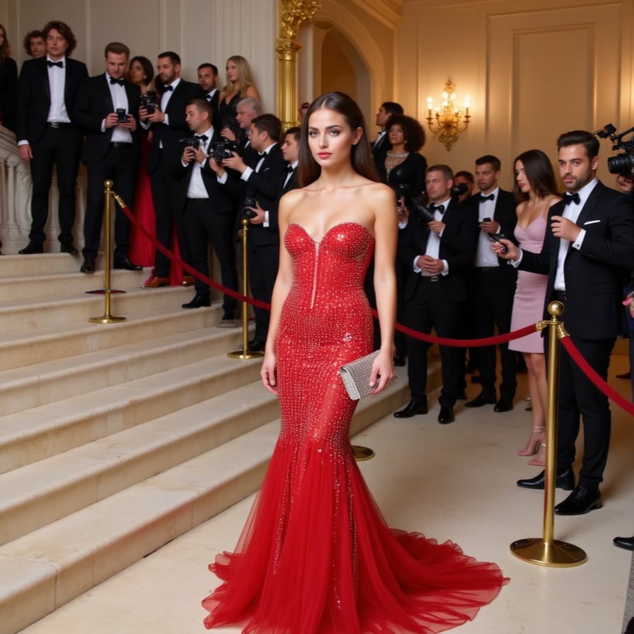 A Y2K revival Met Gala look: rhinestone-studded red gown, bedazzled flip phone handbag, and metallic pink sunglasses, blending nostalgia and glam