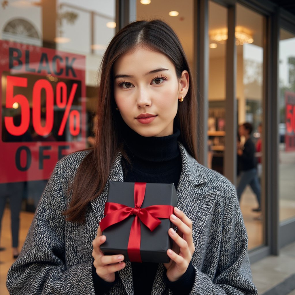A poised woman (female) framed as a tight headshot in front of a glossy storefront, holding a matte-black gift box with a deep red satin ribbon just below the chin. Hairstyle: sleek lob tucked behind one ear; makeup: soft matte skin, neutral taupe eyeshadow, fine winged liner, satin nude lips. Attire: black herringbone wool coat over a charcoal cashmere turtleneck; subtle gold mini hoop earrings. Pose: chin slightly down, eyes to camera, faint smile; no motion. Camera: 85mm prime, f/1.4, eye-level, focus on near eye; Lighting: warm tungsten window glow as key from camera left, cool LED rim from the right, delicate catchlights. Background: bokeh of red “50% OFF” window decals and glass reflections; minimal clutter. Fabric details: visible wool grain, cashmere fuzz, ribbon sheen. Color palette: black/charcoal with restrained red accent. Highly detailed, highly realistic, HDR, high resolution.