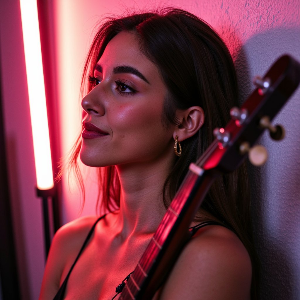 Side-profile headshot of a thoughtful musician with a guitar resting on shoulder, soft overhead spotlight, introspective vibe like a quiet rehearsal before going on stage