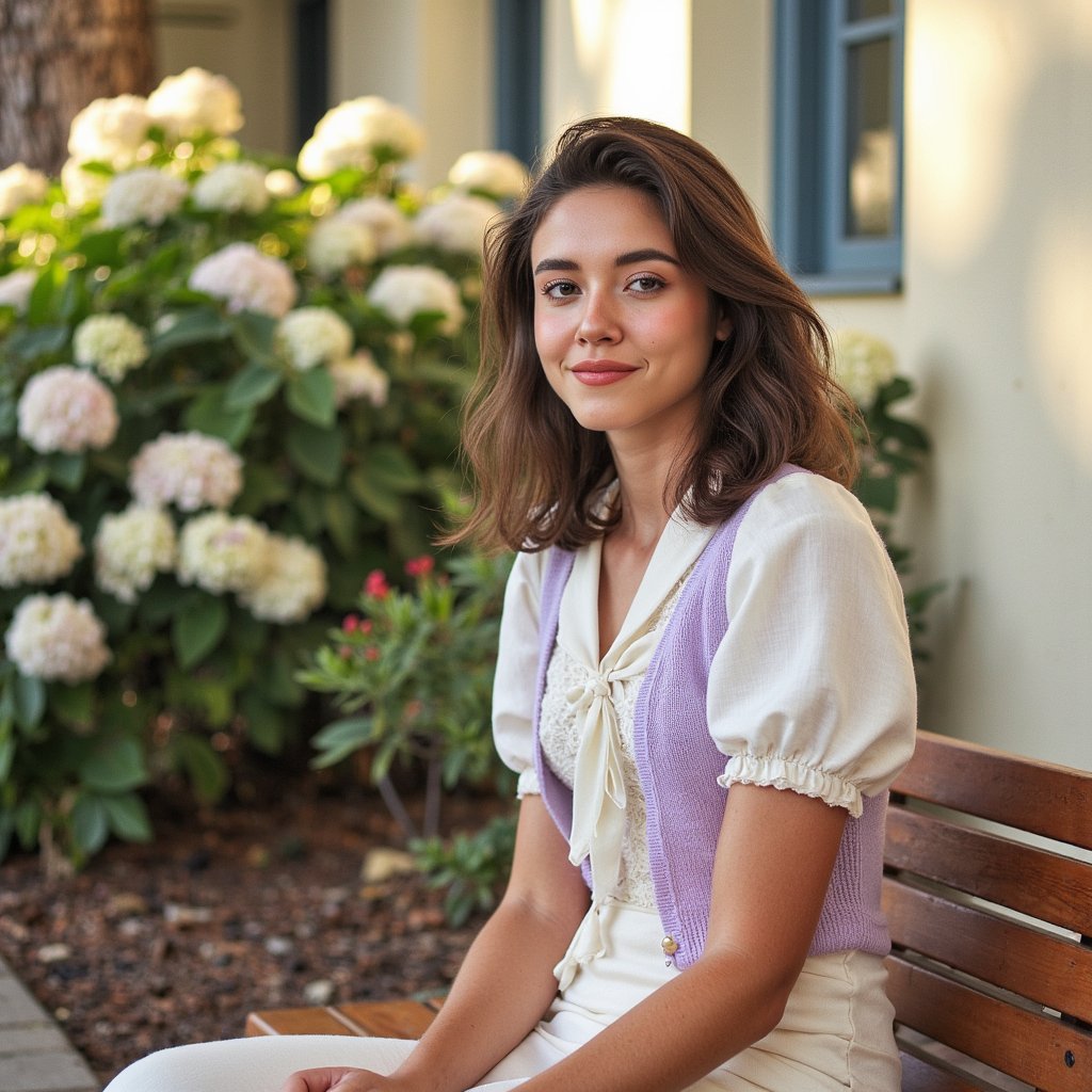 Highly detailed outdoor 1960s yearbook image of a girl seated on a wooden bench in the school’s garden, framed waist-up with a 50mm lens. She wears a cream blouse with puff sleeves in lightweight cotton, faint creases visible where her arms bend. Over it, a light cardigan in pale lilac, knitted with a delicate lace pattern, small pearl buttons fastened at the chest. Her hair is styled in shoulder-length curls with a silk scarf tied in a knot at the side. Skin is warm-toned with realistic sunlit glow on the cheekbones, a hint of mascara defining the eyes, and lips lightly tinted coral. She sits angled toward the camera, hands resting neatly in her lap, posture composed but relaxed. Background is softly blurred hydrangea bushes, their pastel blooms complementing her outfit, with golden-hour sunlight filtering through leaves.