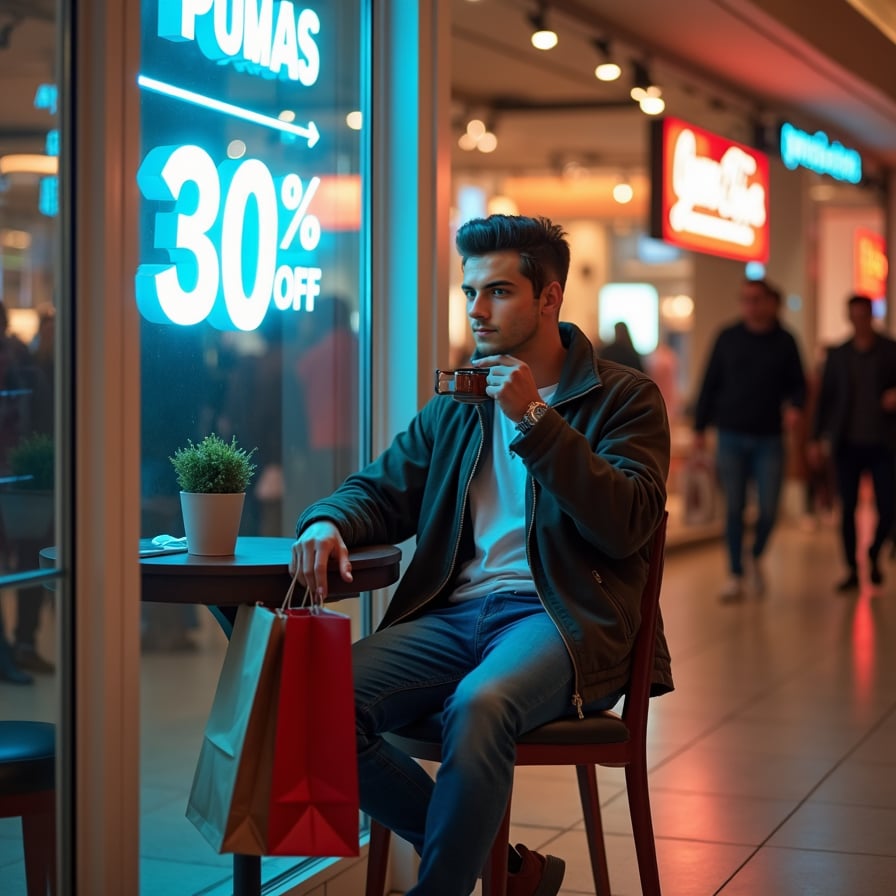 A stylish man sitting at a modern café inside a shopping mall, sipping coffee with his family or a chic girlfriend. Shopping bags from brands like Puma and Adidas are placed nearby. Through the glass walls of the café, vibrant promotional banners for Black Friday sales (Puma: 30% OFF, Adidas: 40% Discount) are visible, and people can be seen bustling around the mall.