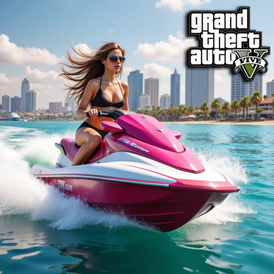 In the foreground, a game character woman in her late twenties, with stylized sun-kissed skin and long, animation-ready wet hair pulled back, leans forward on a sleek pink-and-white jetski racing across the bay. She wears a black sleeveless top and reflective sunglasses that catch the sunlight. Her body is lit with sharp highlights and stylized water reflections. Around her, turquoise spray arcs into the air with clean, cinematic motion. Behind her, the Vice City skyline is rendered in simplified pastel blocks against a bright, open sky. In the top right corner, the GTA 6 logo is prominently displayed. Rendered in the style of Rockstar Games - Vice City, Liberty City or GTA.