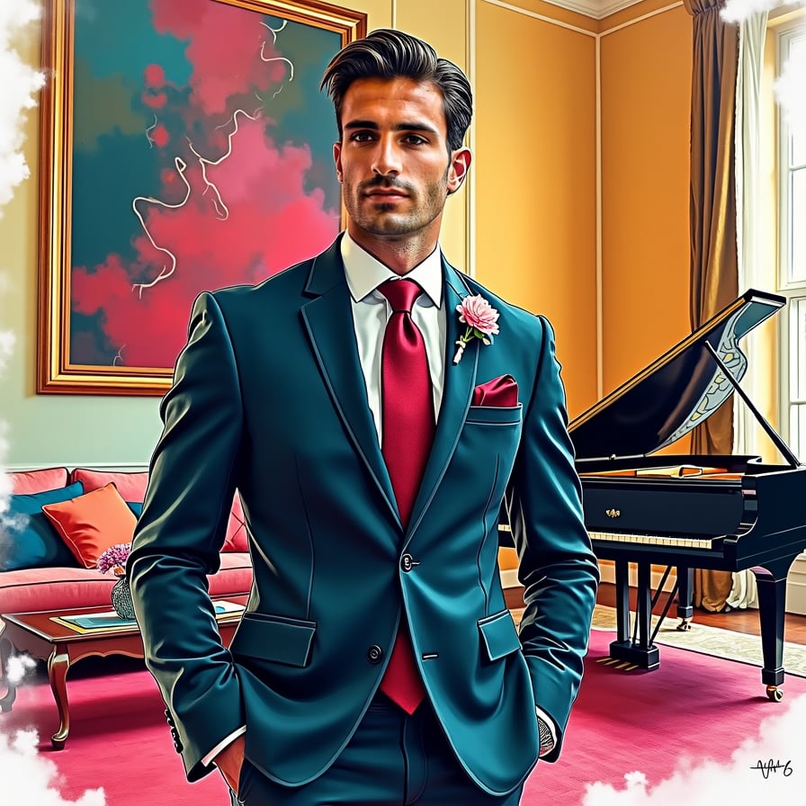man wearing luxurious suit, surrounded by wealth and opulence, standing in a lavish living room with a grand piano and expensive artwork.