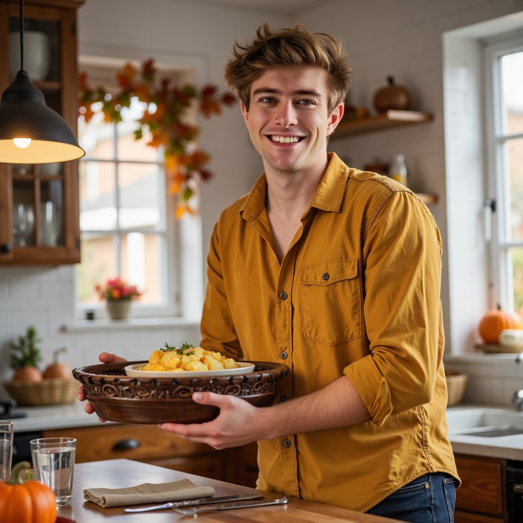 Highly realistic, highly detailed HDR image of a young Asian man (male, ~32 yrs) standing at a home kitchen island, waist-up, camera at slight side angle (~30°) from his left. He is wearing a mustard-yellow button-down flannel shirt with rolled-up sleeves and dark jeans (just barely visible), sleeves pushed up to forearms; his hair is dark brown, short on sides, slightly tousled top. Kitchen lighting: warm overhead pendant lights plus ambient daylight from a window behind the camera; soft highlights on his face and shirt. He is holding a carved-wood serving tray filled with mashed-potatoes-and-gravy bowl, slightly tilting forward as though offering it to someone. Facial detail: bright smile, teeth visible, light stubble, natural skin texture, warm brown eyes. Background: shallow depth of field blurs kitchen cabinets, a decorative pumpkin and autumn garland on the countertop behind; minimal clutter — a single glass of water and a linen napkin. Shirt fabric texture visible: flannel weave, rolled sleeves show wear. The image conveys friendly host, inviting Thanksgiving warmth.
