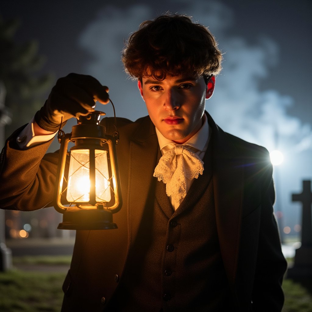 Medium-wide shot at chest height, 35 mm, f/2.2, ISO 640, 1/80 s. Main light: a lantern in his hands casting warm upward glow on his pale face and antique lace cravat, while his charcoal suit remains mostly in cool moonlight shadow. The lantern’s light fades quickly, leaving his legs and ground dimly visible through drifting fog. Moonlight from above creates a faint halo on surrounding gravestones. Focus is sharp on his face and gloves; background softened by atmospheric haze. Highly detailed, highly realistic, HDR.