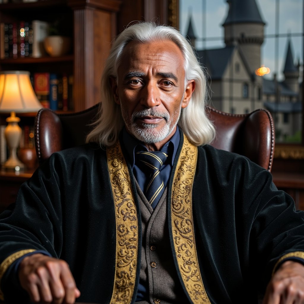 Ultra-detailed, highly realistic HDR seated portrait of a 70-year-old male wizard with warm brown skin, fine wrinkles around kind hazel eyes, and a neatly combed silver mane flowing past shoulders, full matching beard. Wearing an opulent black velvet robe with gold-thread brocade trim, every stitch glinting subtly under light. Pose: seated in a carved high-backed chair, hands resting on armrests, body facing camera, head slightly turned to right as if listening thoughtfully. Camera: Hasselblad X2D, 85mm f/2 prime, aperture f/2, camera at eye level for intimate, dignified composition. Lighting: key light from warm desk lamp (3200K) to left softly illuminating face and robe texture, secondary cool daylight rim (5600K) from stained-glass window behind creating halo-like edge on hair; micro-shadows cast by brocade threads adding depth to fabric. Background: softly blurred wooden shelves lined with neatly arranged books and a single delicate silver instrument catching light, zero clutter beyond key props.