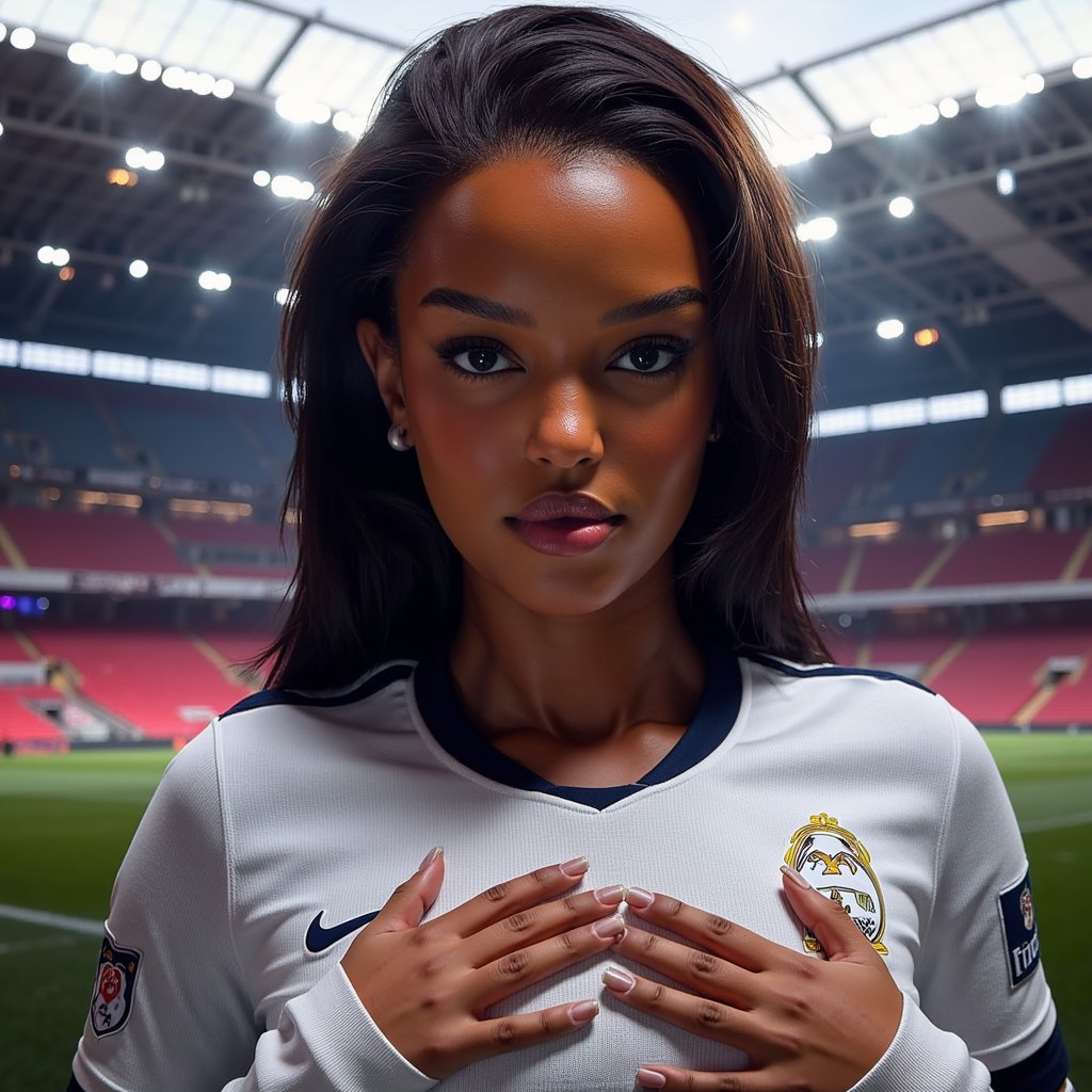 Knee-up portrait of a digital footballer gripping their jersey at the chest, intense stare into camera, dramatic stadium lighting, EA SPORTS FC 26 game cover style