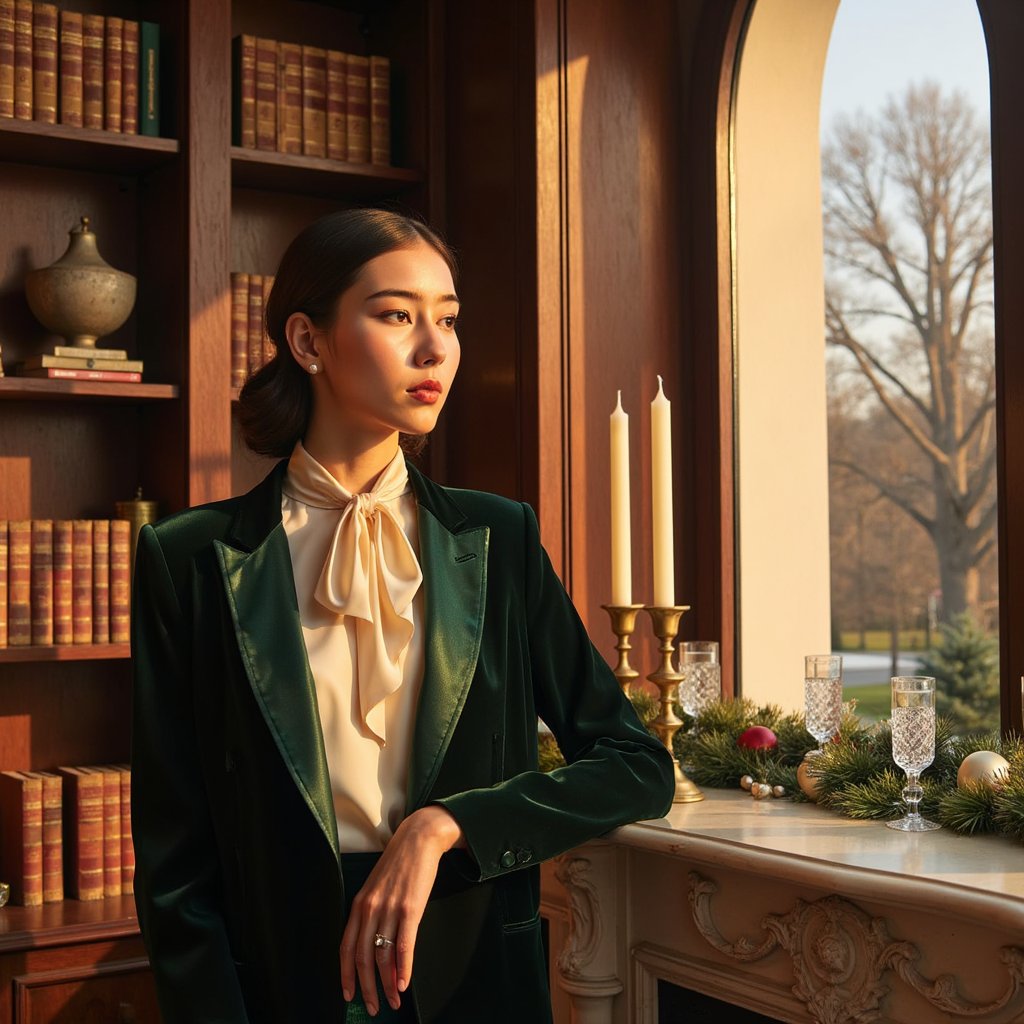 A refined woman by a tall arched window, bathed in warm golden-hour sunlight; soft shadows contour her face. Hairstyle: side-parted, soft low curls tucked behind one ear. Attire: cream silk blouse with a high neck bow, deep forest-green velvet blazer. Fabric details: lustrous silk sheen, subtle velvet texture catching light at lapels. Camera: eye-level, 85mm, f/1.6 for smooth background blur. Lighting: warm sun rim through window glass + faint ambient fill from the room. Background: blurred library shelves with aged books, a small brass lamp, subtle festive garland; minimal elements. Pose: chin slightly lifted, relaxed confidence. Render: highly detailed, highly realistic, HDR; visible hair strands, fabric grain, skin pores.