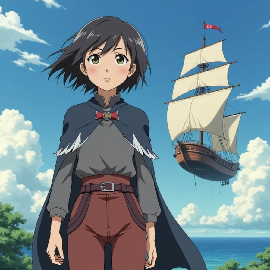 A fearless woman with short, windblown hair and a feathered cape, standing at the edge of a floating island. She watches the sky with a determined gaze, her airship waiting behind her as she prepares for a new adventure.