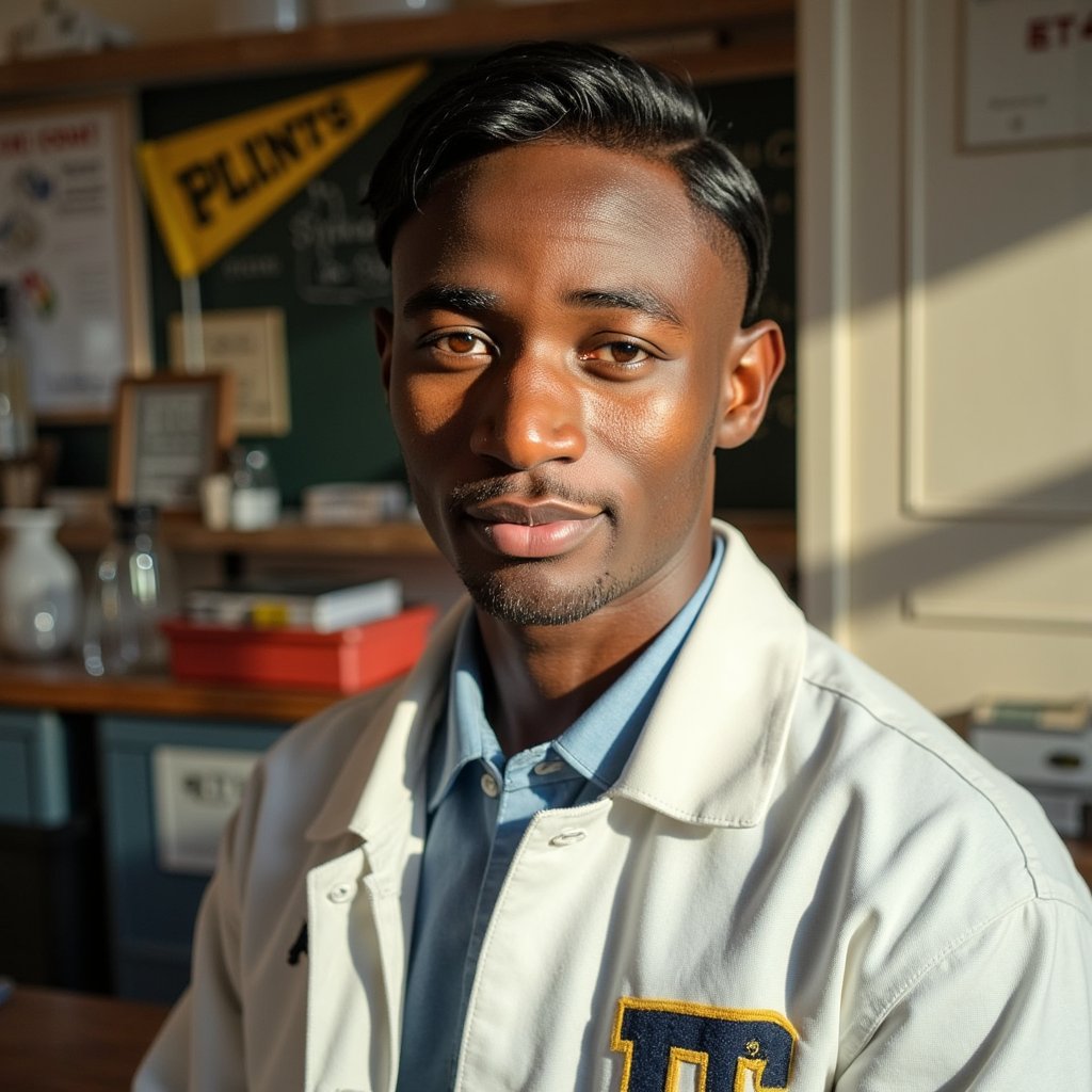 Close-up 1960s yearbook science club image, focusing on a male student’s upper torso and face, captured with a 90mm lens for shallow depth. He wears a crisp white lab coat over a light blue oxford shirt, top button undone. The cotton weave of the shirt is clearly visible beneath the smooth matte finish of the lab coat. His neatly combed dark hair has a side part, each strand individually defined in HDR clarity. Skin has realistic tone variation — faint under-eye shadows, a few freckles, and light reflection along the cheekbones from the lab lights. He holds a glass beaker in one hand at chest level, liquid catching highlights from above. Background shows faint outlines of chalkboard diagrams and blurred glassware, all softened with depth-of-field to emphasize his focused gaze.