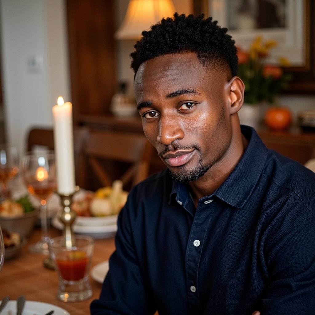 Highly detailed, highly realistic, hyperrealistic HDR waist-up portrait of a man (male, ~32 yrs) seated close to a Thanksgiving table. He wears a dark navy collared shirt with sleeves rolled to mid-forearm. The lighting comes from an overhead chandelier and side candlelight, producing warm highlights along his cheekbones and hairline. His expression open and gentle, as if mid-conversation. Background blurred — visible warm tones of wood, glass reflections, and hints of food platters without clutter. Detailed fabric weave, skin texture, and candle reflections give tactile realism. HDR, high resolution, high quality, highly detailed, photorealistic.