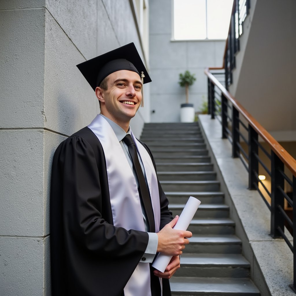 Waist-up image of a man graduate leaning gently against a modern concrete stair railing, indoor daylight streaming from a skylight above; wearing a slim black gown, silver satin stole, crisp white collar visible underneath; slicked-back hair, light stubble, composed neutral face; camera slightly below chest level for upward depth, 50 mm lens, f/2.5; lighting: bright diffused top-light forming natural shadows, highlighting gown texture; background: clean geometric lines of the stairwell, shallow focus; micro-contrast on fabric folds, skin pores, metal railing grain; mood sleek, professional, highly detailed, highly realistic, HDR.