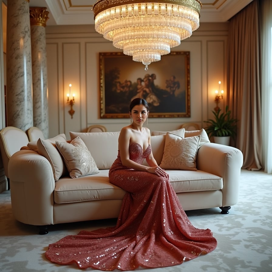 woman in luxurious evening gown, adorned with statement jewelry, radiating glamour under the lavish chandeliers and opulent decorations of a high-end party venue.