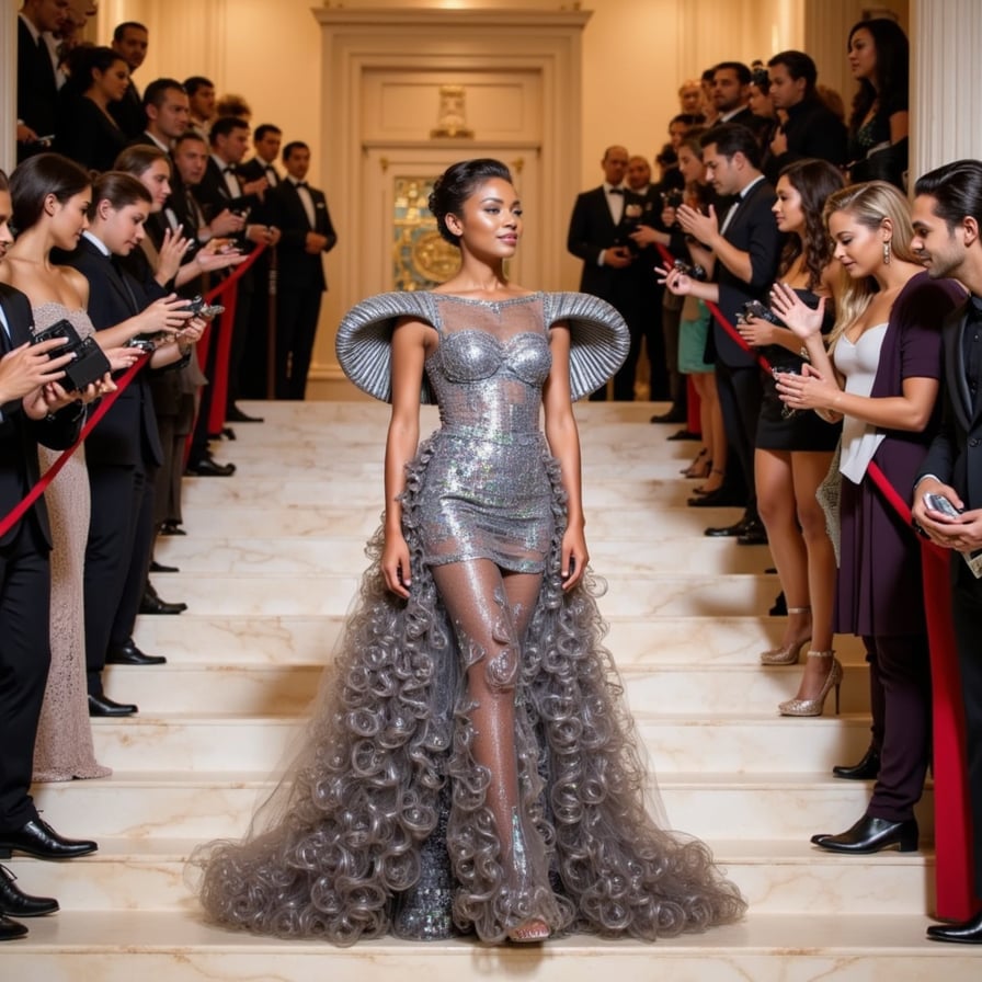 A futuristic Met Gala look featuring holographic fabric, structural shoulder pieces, and iridescent lighting, Vogue-style editorial photograph with marble staircase background